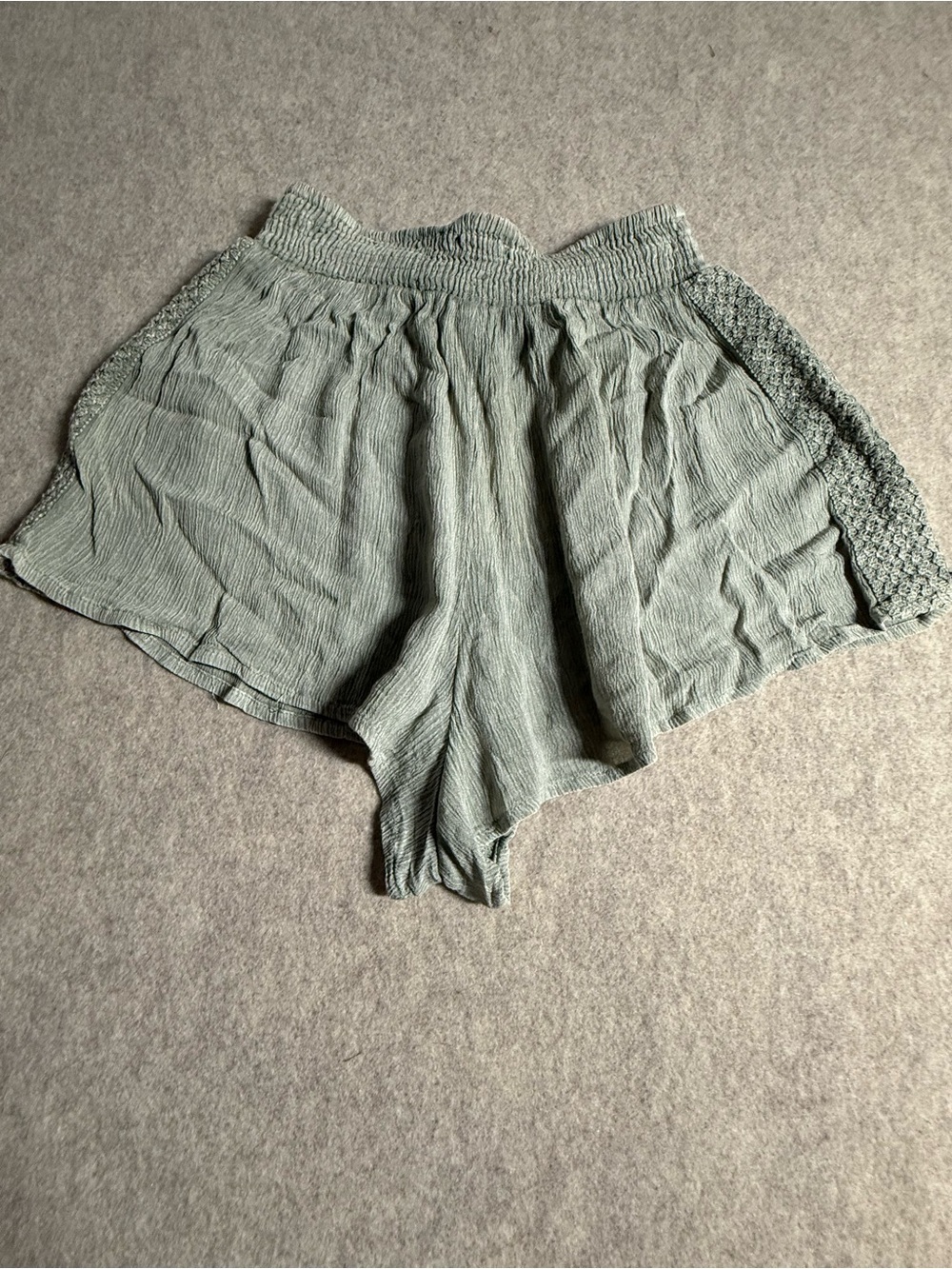 Salty Lemon Olive Green High-Waist Smocked Crochet-Trim Shorts - Picture 5 of 8